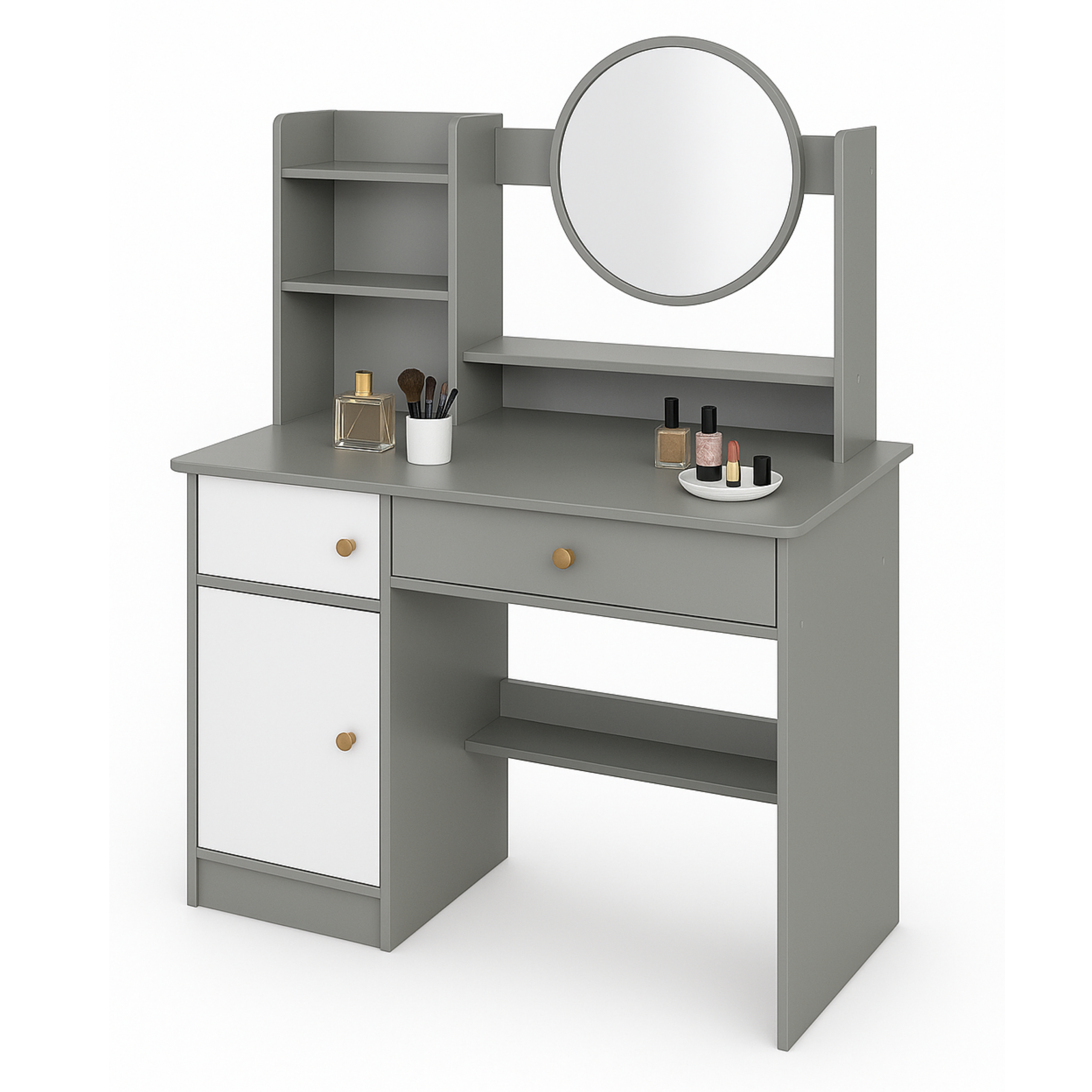 Szara toaletka kosmetyczna z okrągłym lustrem