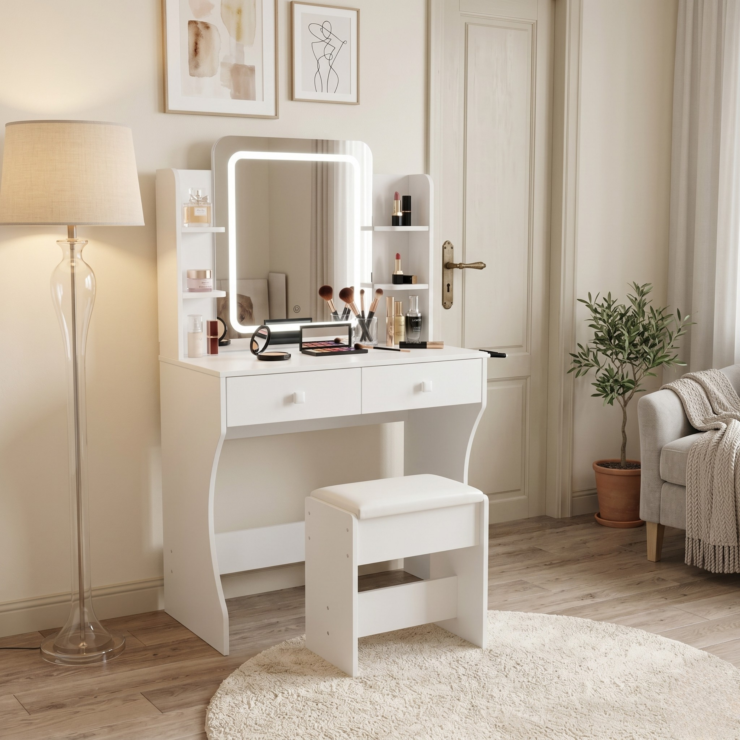 Biała toaletka kosmetyczna 75 cm z lustrem LED i taboretem