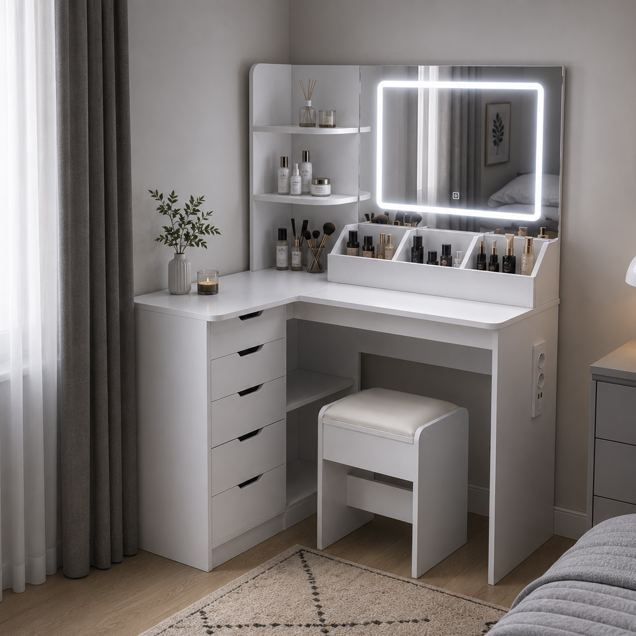 Narożna toaletka kosmetyczna LED biała 120 cm z taboretem