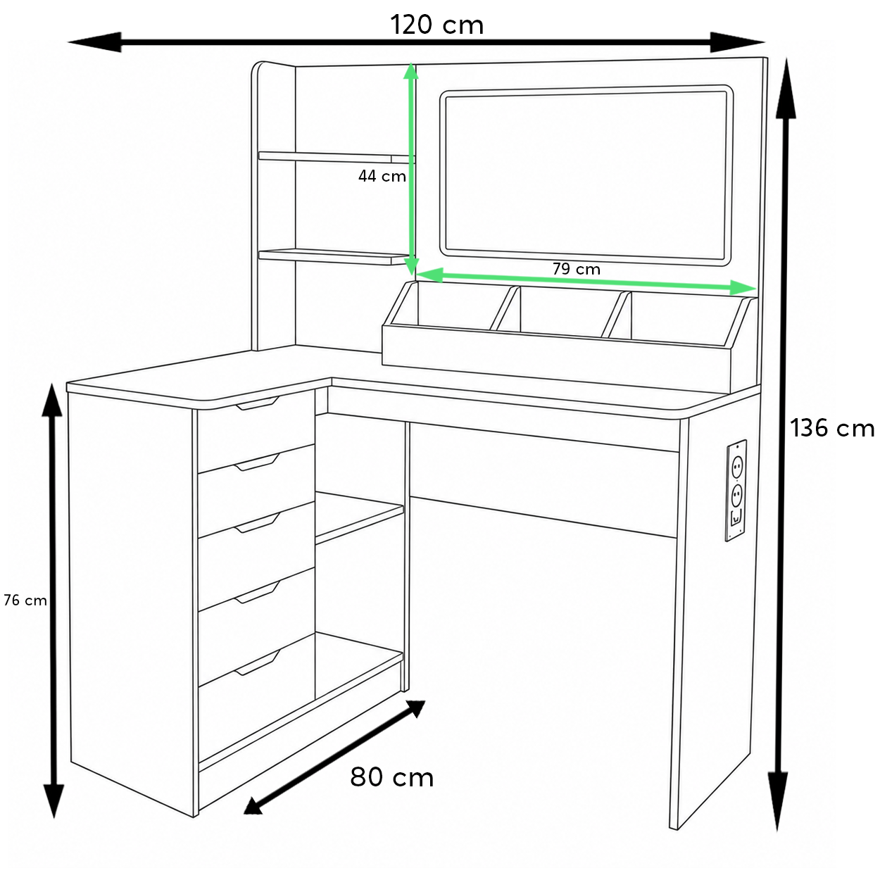 Wymiary narożnej toaletki kosmetycznej 120 cm