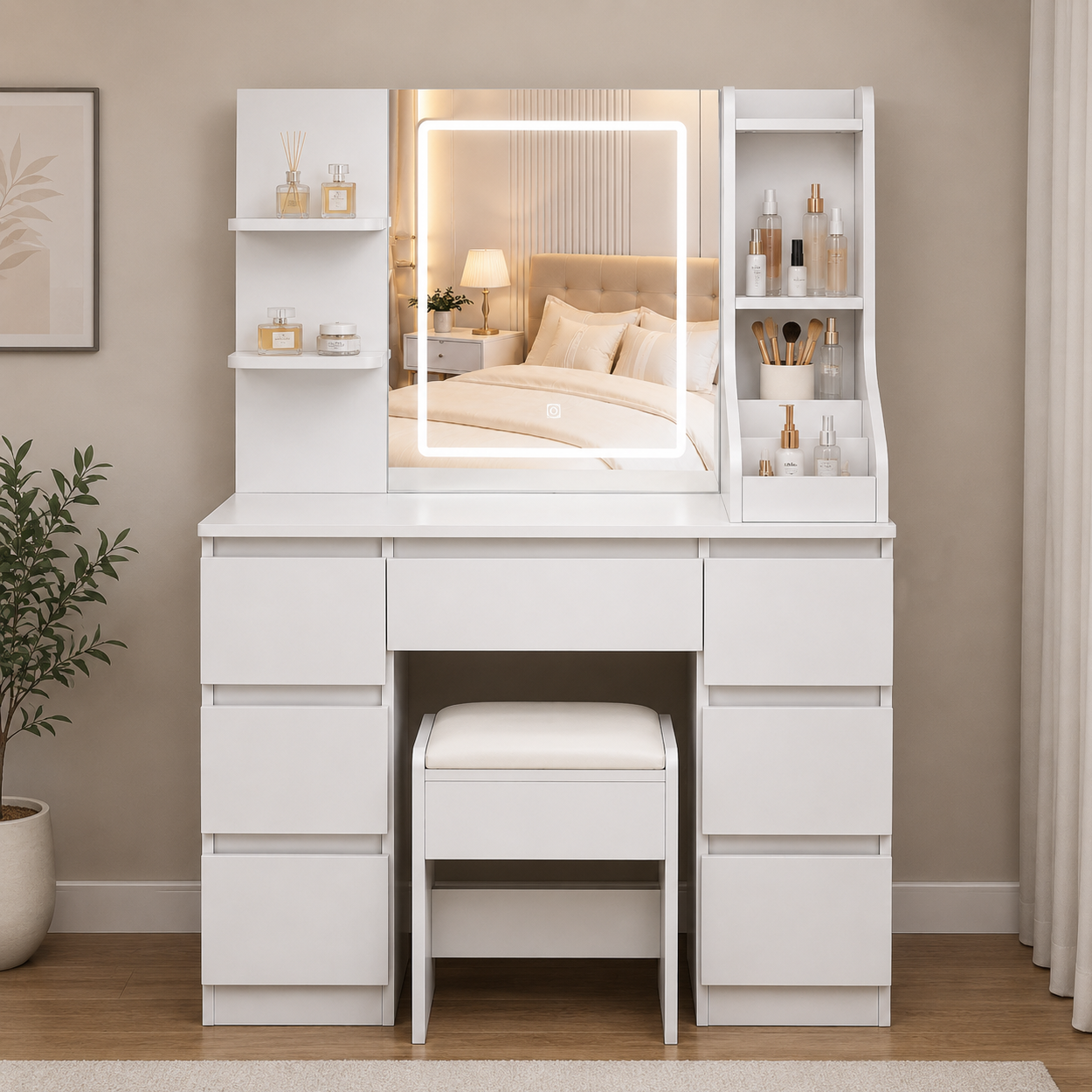 Toaletka kosmetyczna LED biała 110 cm z taboretem